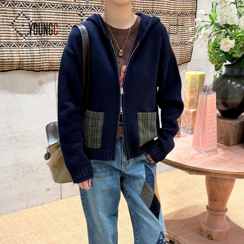 短句拼布口袋连帽针织上衣