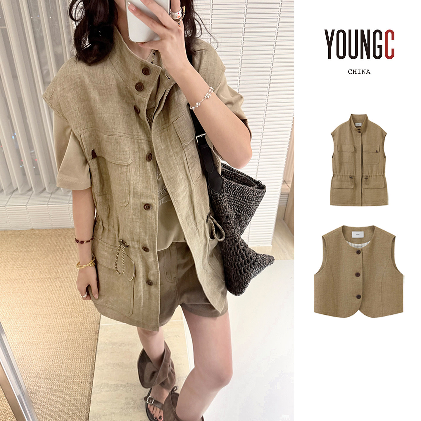 ICE DUST【圆领四袋亚麻马甲】设计师品牌 no退可换,女装/女士精品,短外套,淘宝优惠券,粉丝福利购,淘宝优惠卷