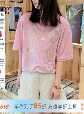 NATURAL HOTEL 亚麻金色印花短袖 亚麻宽松长袖T恤女 YOUNGC
