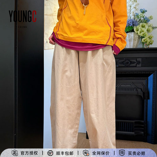 对倒设计师卡其色超柔软棉麻长裤