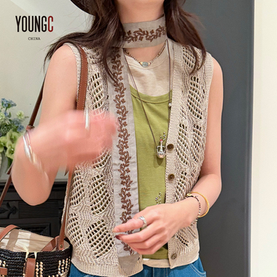 波西风亮片镂空V领针织马甲