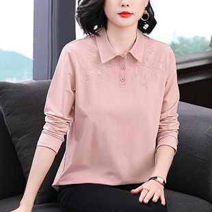 妈妈春秋装2026新款秋衣外穿纯棉长袖t恤女中老年宽松翻领上衣服