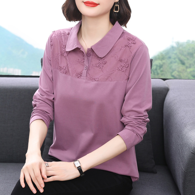 妈妈春秋装2025新款秋衣外穿纯棉长袖t恤女中老年上衣polo打底衫