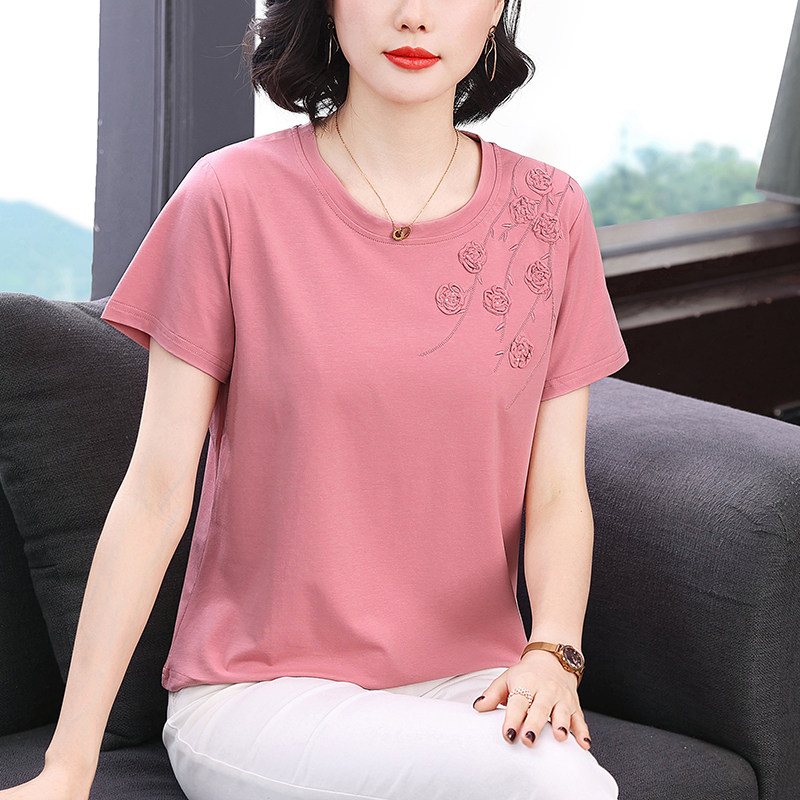 妈妈纯棉短袖t恤女 2026夏装新款中老年宽松显廋上衣洋气体恤小杉