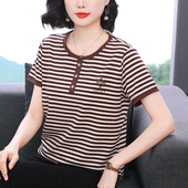 T恤女2026夏装 新款 中老年大码 妈妈纯棉短袖 宽松洋气条纹半袖 上衣