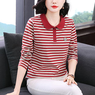 中老年妈妈宽松翻领上衣打底衫 2026新款 t恤女春秋装 条纹纯棉长袖