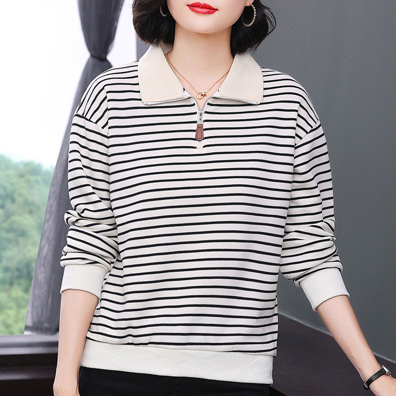 翻领长袖t恤女2026春秋装新款条纹POLO领上衣中老年人妈妈卫衣女