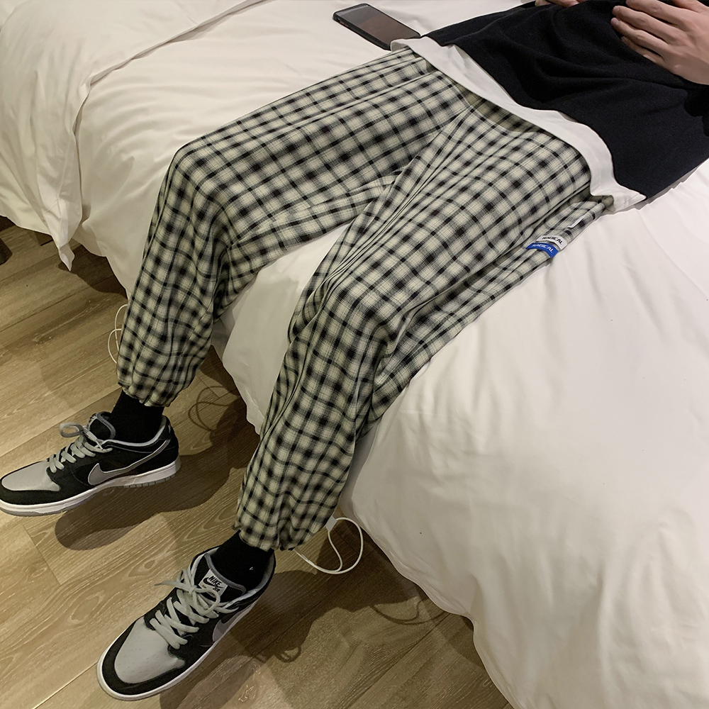 Hong Kong style spring summer new Korean plaid pants for men and women