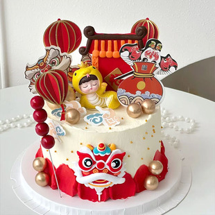 蛇宝宝满月百天蛋糕中式福门舞狮摆件简约灯笼花朵烘焙装扮用品