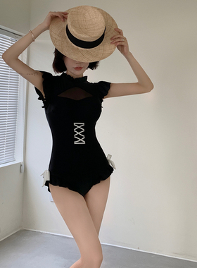 泳衣女日系泡温泉连体保守遮肚显瘦学生2023新款黑色高级感游泳装