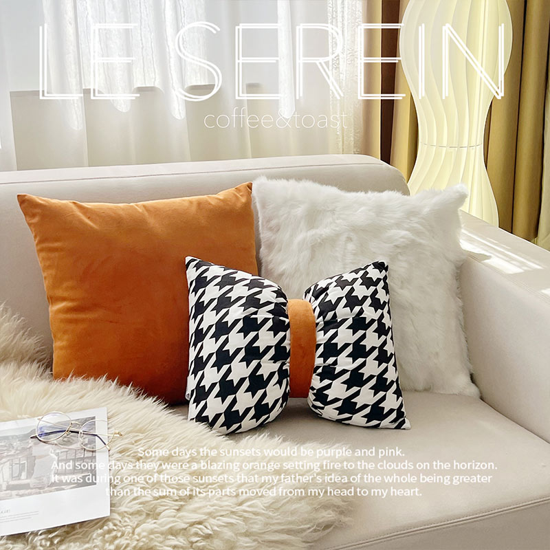 现代黑白抱枕轻奢组合蝴蝶结橘色