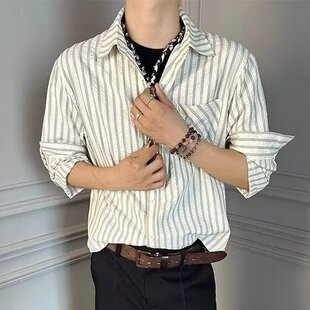 高级感休闲正肩长袖 美式 春季 男款 衬衣 复古cleanfit条纹泡泡纱衬衫