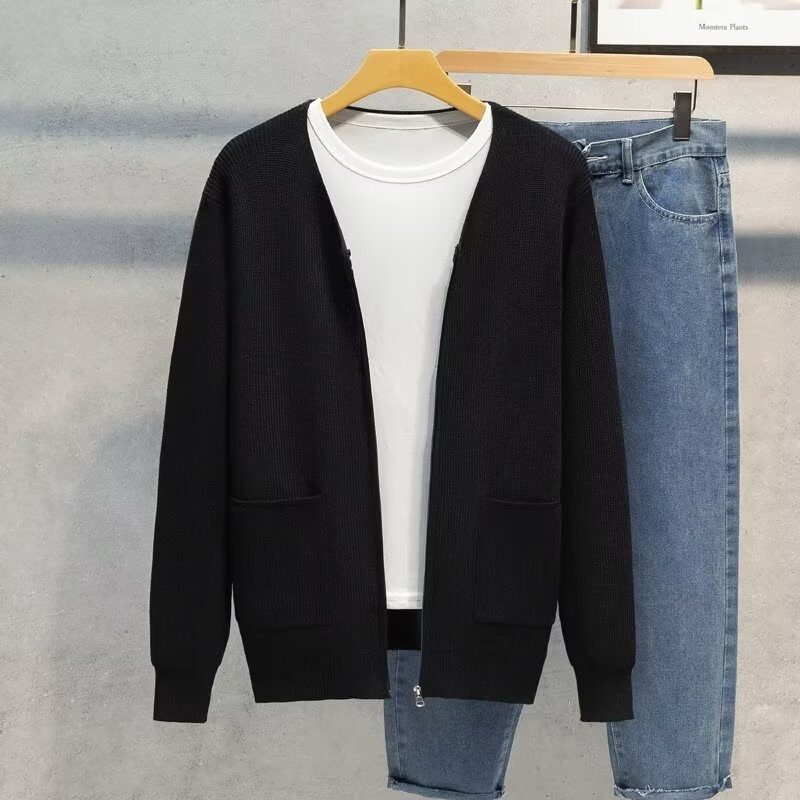 修身开衫毛衣韩版男士黑色针织开衫休闲外穿春秋季情侣款简约百搭