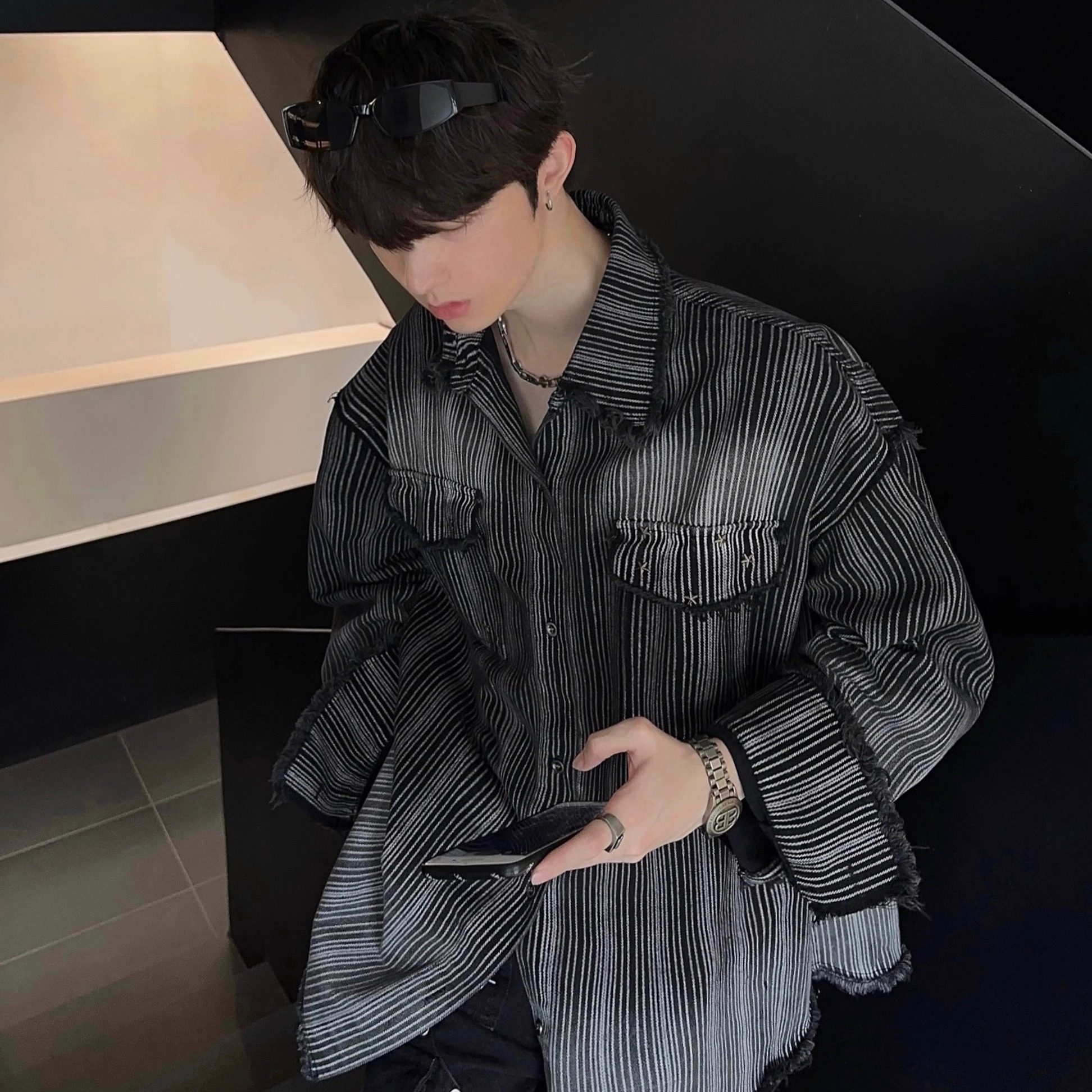 条纹渐变牛仔衬衫男秋冬集高级感韩版宽松潮流设计感长袖衬衣外套