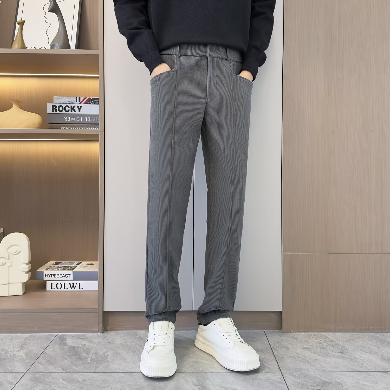 灯芯绒直筒休闲裤男士灰色修身