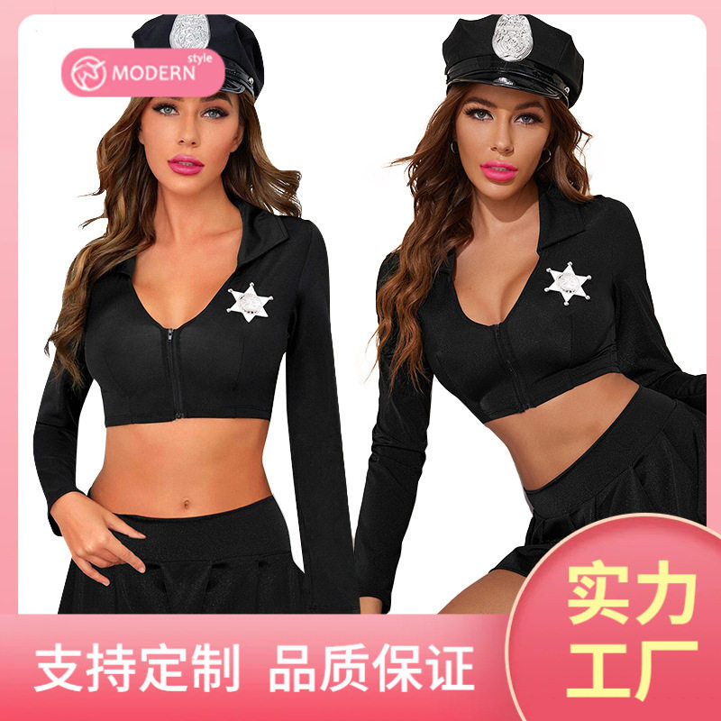 外贸欧美女万圣节cos女警察衣服黑色性感情趣内衣制服套装女装