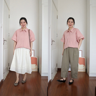 衬衫 皮粉色女士短袖 简约通勤插肩袖 DecemberRush