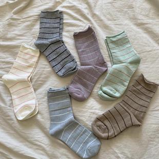 Decemberrush 日韩系卷边莫兰迪色系细条纹堆堆袜中筒短袜