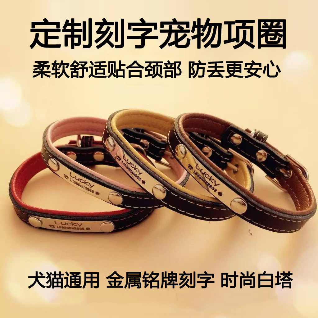 真皮刻字猫牌项圈定做防丢身份牌金毛泰迪可爱宠物调节颈脖套铃铛