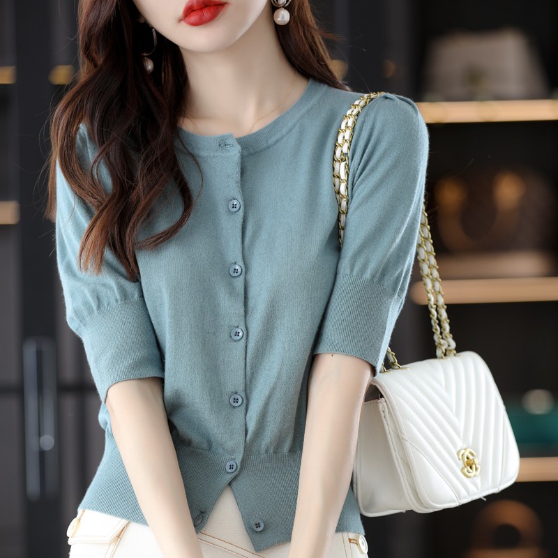 尚暖羊毛圆领单穿泡泡袖针织衫