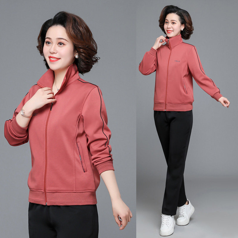 中老年女装妈妈运动服套装春秋新款外套加大码女士上衣红色两件套