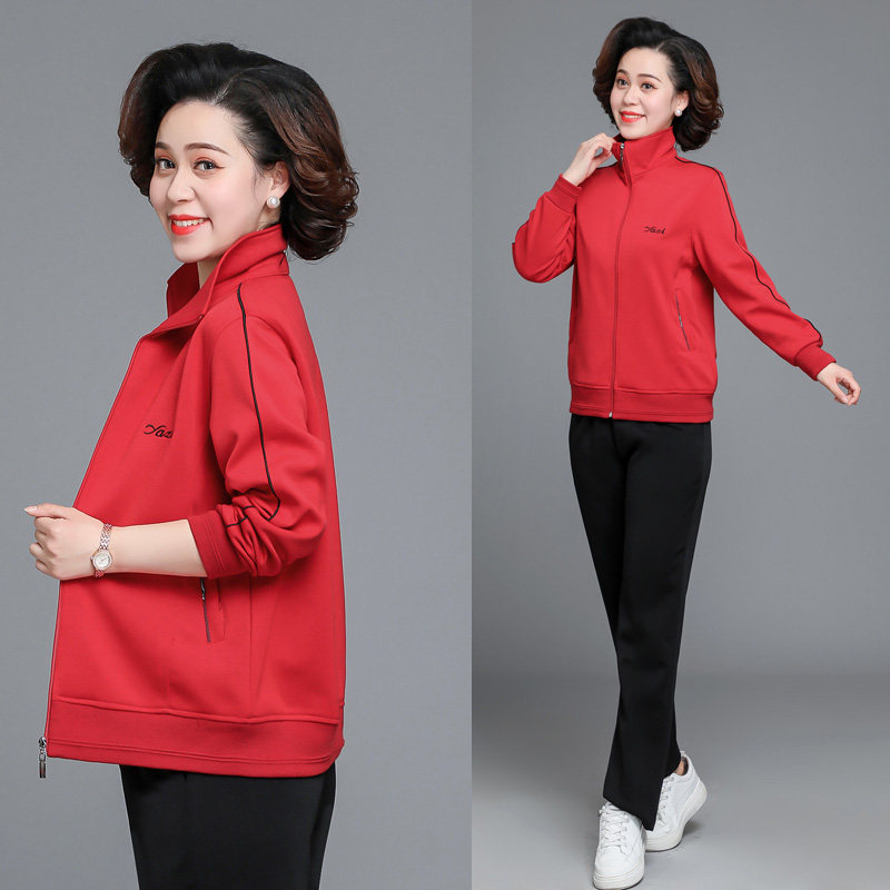 中老年女装妈妈运动服套装春秋新款外套加大码女士上衣红色两件套
