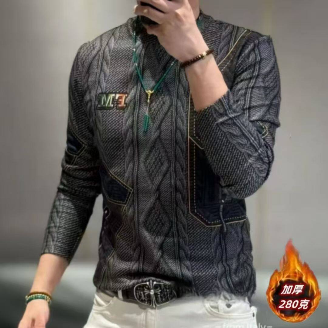 加厚爆款】新款秋冬潮流个性长袖T恤衫卫衣男士打底衫仿针织麻花