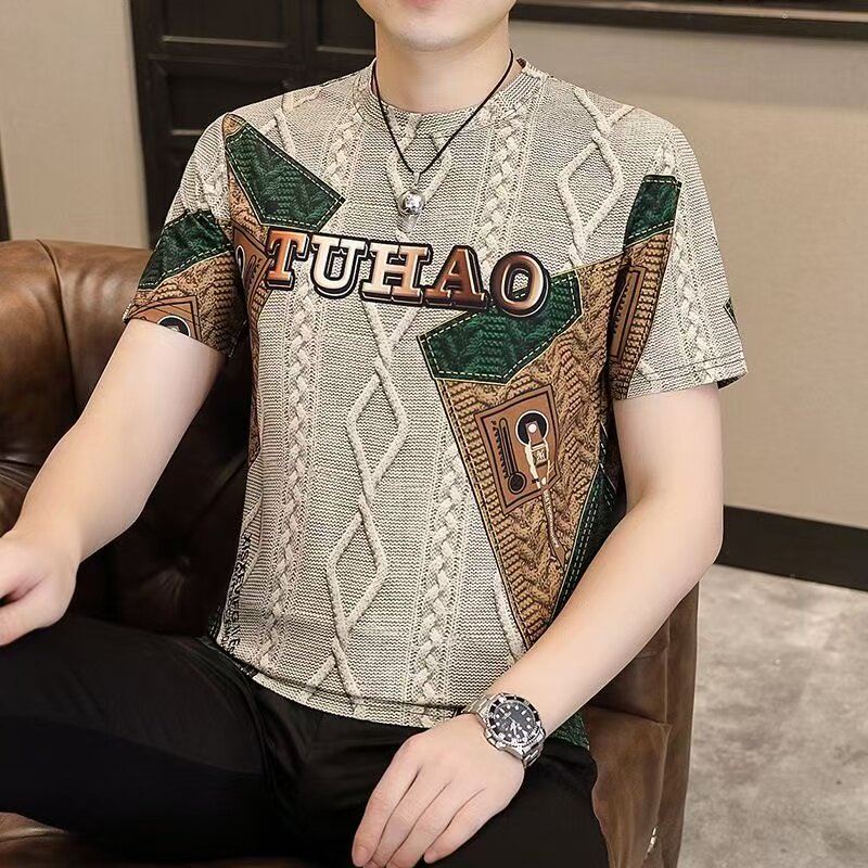 新款高档男士短袖t恤夏季潮流洋气修身帅气字母圆领印花薄款体恤