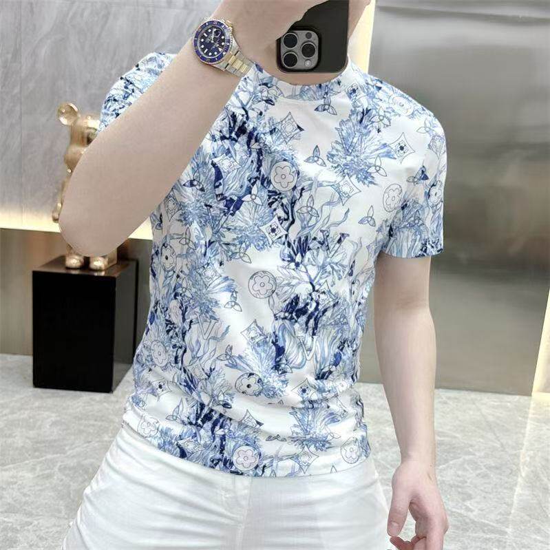 休闲风潮牌时尚印花短袖T恤男圆领修身帅气青花瓷风香槟金色上衣