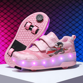 带灯网布透气 轮滑鞋 隐形按钮带刹车四轮暴走鞋 哪吒儿童潮流运动鞋