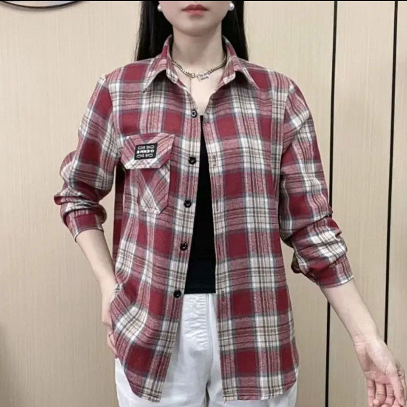 纯棉格子衬衫女春夏新款宽松中年妈妈长袖衬衣夏季薄款上衣外套女