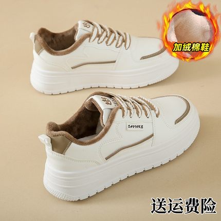 真皮红晴蜓踩屎感软底小白鞋女秋冬季加绒运动鞋厚底增高老爹板鞋