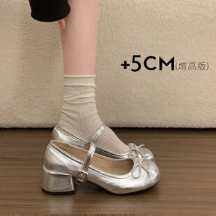 品牌真皮法式银色粗跟玛丽珍女鞋2026新款春夏季配裙子圆头小皮鞋