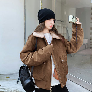 复古羊羔毛领麂皮绒短款羽绒服女2025冬韩系洋气时髦90白鸭绒外套