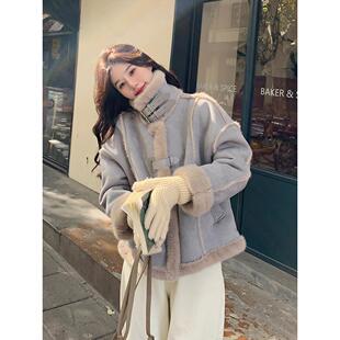 浅蓝色皮毛一体外套女短款2025冬装新款厚实保暖小个子羊羔毛棉衣