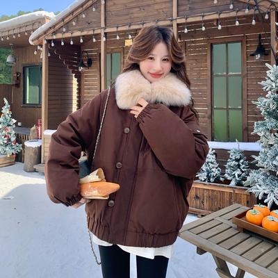 深棕色短款工装羽绒服女冬季2025新款休闲保暖大毛领90白鸭绒外套