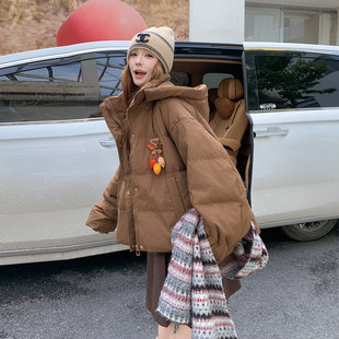 咖色连帽短款羽绒服女2025冬季新款复古休闲宽松加厚白鸭绒外套