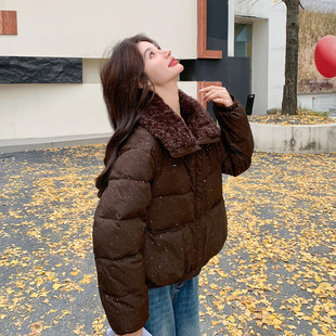 咖色羊羔毛领亮闪闪短款羽绒服女2025冬季小个子保暖90白鸭绒外套
