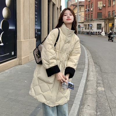 撞色菱格立领羽绒服女冬季2025新款中长款超好看高级感爆款外套