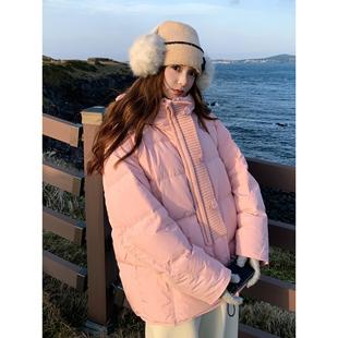 粉色针织拼接中长款连帽羽绒服女2025冬超好看减龄保暖白鸭绒外套