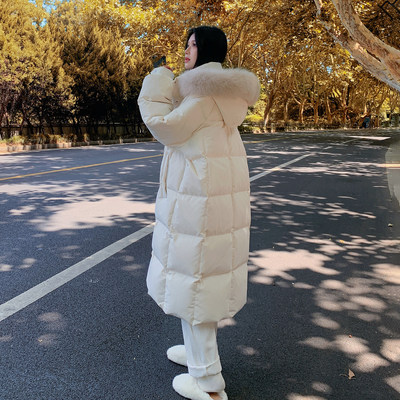 米白色高级感大毛领羽绒服女中长款2025冬季新款韩系90绒过膝外套