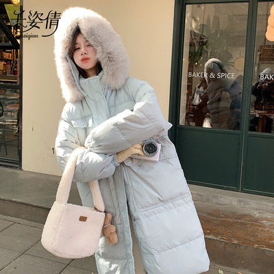 奶fufu蓝色羽绒服女2025爆款韩系大毛领中长款过膝保暖冬季厚外套