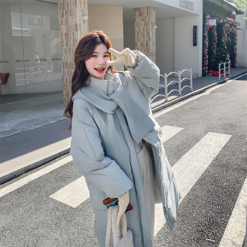 针织连帽中长款泡芙羽绒服外套女冬季2025新款洋气时尚白鸭绒超火