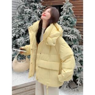 黄色韩系泡芙感短款连帽羽绒服女2025冬新款洋气减龄90白鸭绒外套