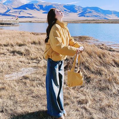 黄色波点立领短款羽绒服女2025冬季新款巨好看韩系甜美白鸭绒外套