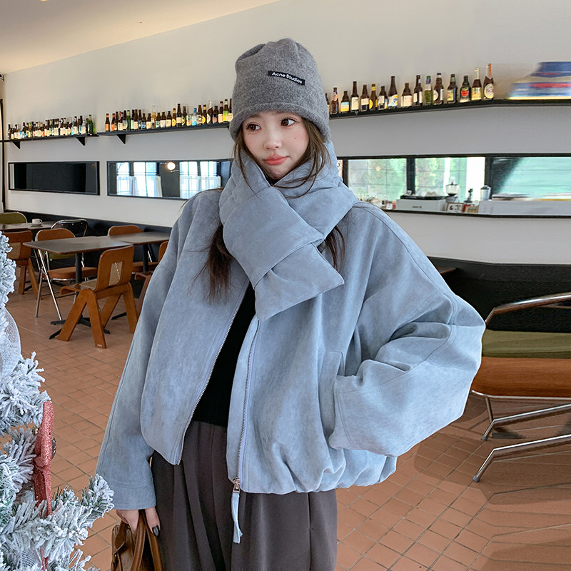 蓝色超好看减龄围脖领羽绒服女2025冬季新款短款加厚90白鸭绒外套