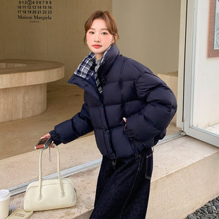 设计感格子拼接藏青色羽绒服女冬新款超火好看高级小众加厚短外套