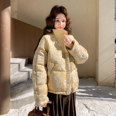 印花拼接黄色羽绒服女冬超火好看高级小众漂亮短款加厚面包服外套