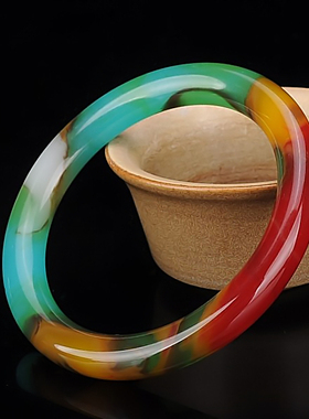 天然新疆和田玉彩玉复古圆条手镯女士玉石细条镯子少女玉镯叮当镯