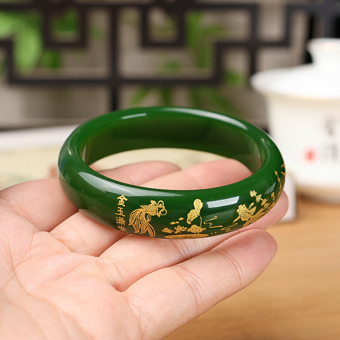 新疆和田玉碧玉手镯镶嵌镯子女款菠菜绿玉石莲花鱼金玉满堂玉镯
